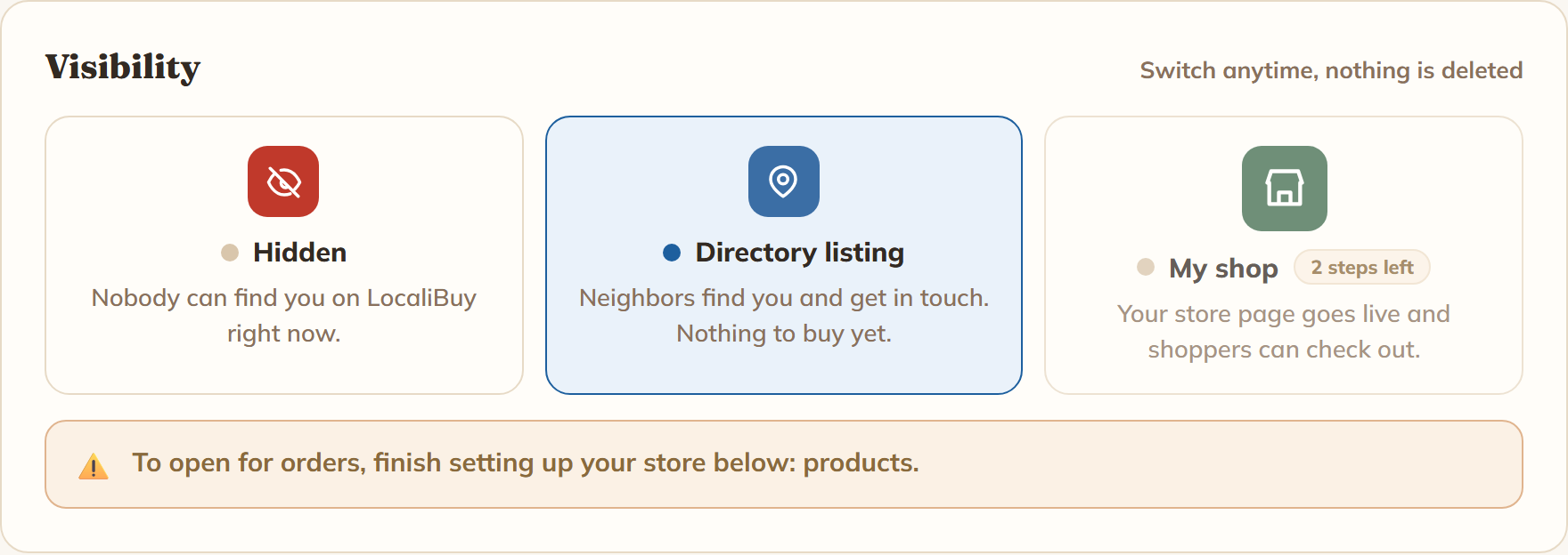 The Visibility card with three choices: Hidden, Directory listing, and My shop. My shop is dimmed with a 2 steps left chip, and an amber note below reads: To open for orders, finish setting up your store below: products.