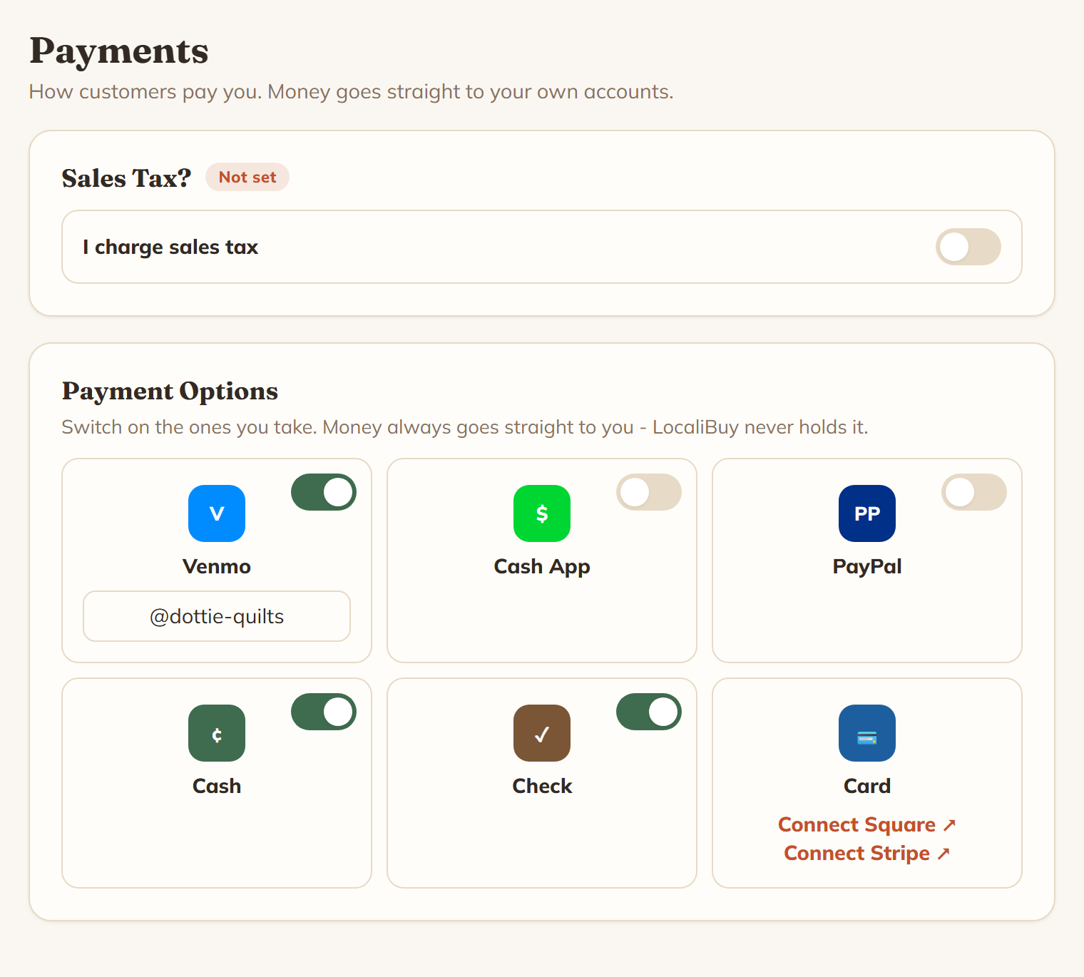 The LocaliBuy Payments page, showing the Sales Tax question and six payment option tiles: Venmo, Cash App, PayPal, Cash, Check and Card.