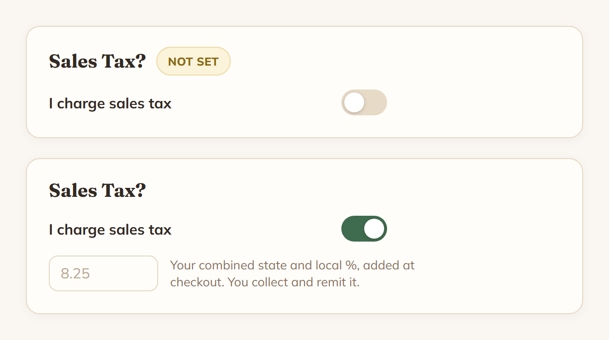 The Sales Tax section, shown unanswered with a Not set badge, and shown switched on with a rate box