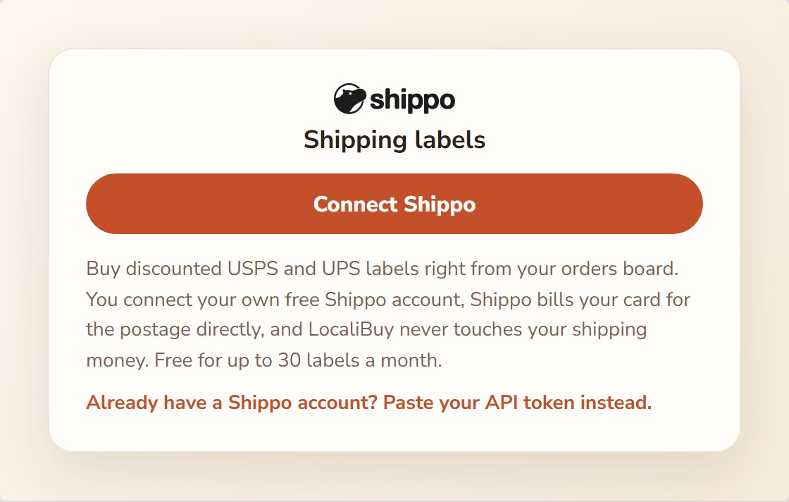 The Shipping labels card with the Connect Shippo button