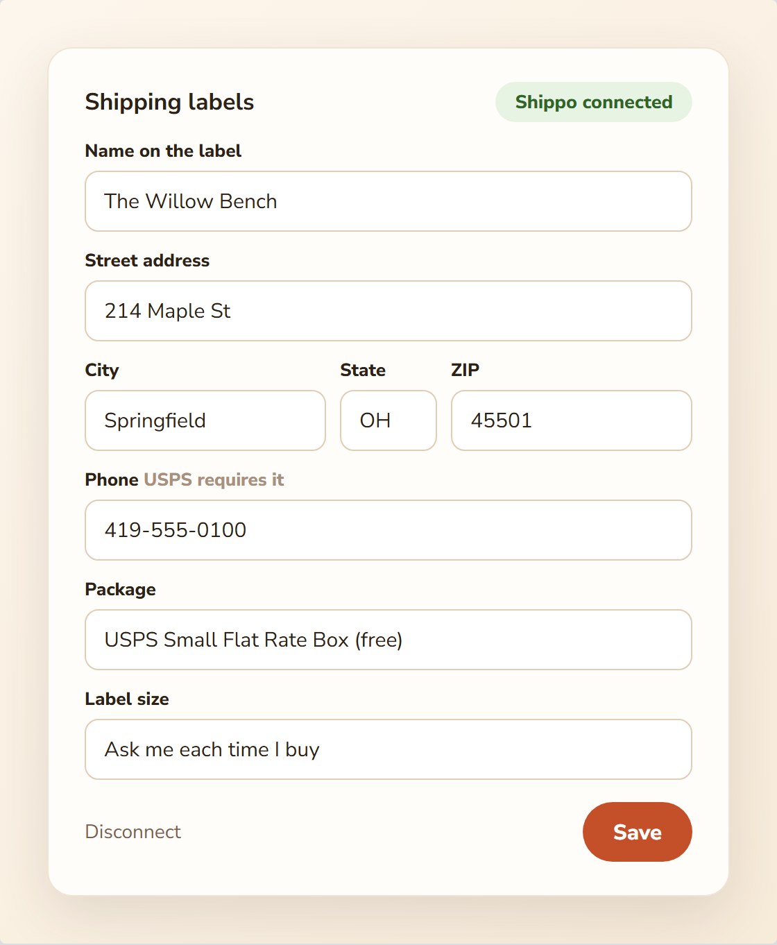 Ship-from address and package settings on the Shipping labels card