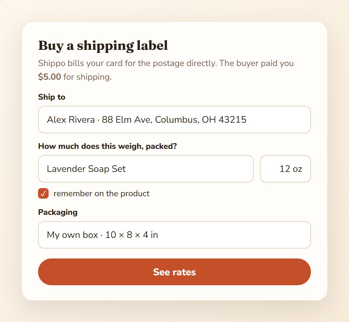 The buy-a-label sheet with address, packed weight and packaging