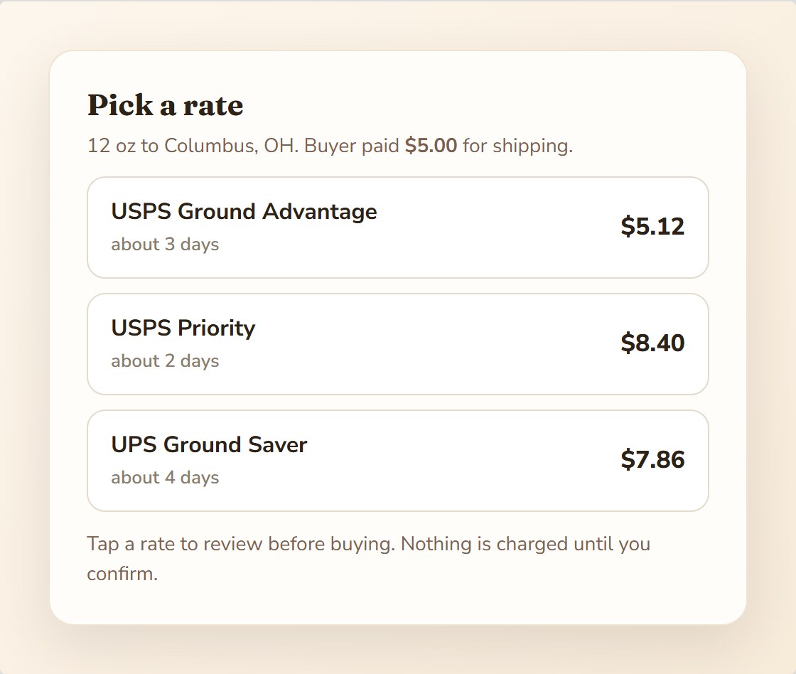 Live rates side by side with the buyer's paid shipping shown