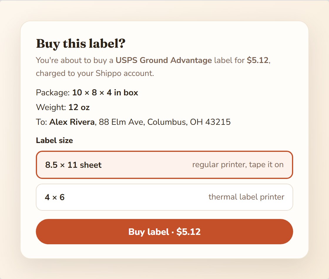 The confirm step: service, price, package, weight, destination and label size
