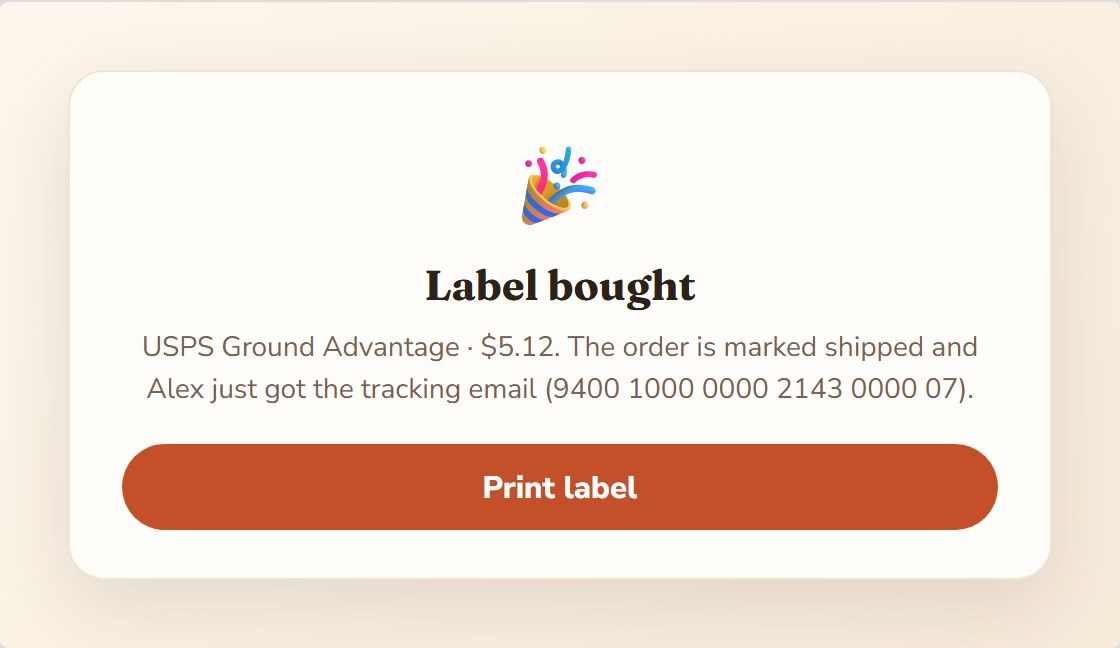 Label bought: print the label, order shipped, buyer emailed