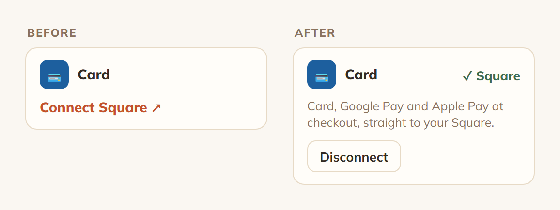 The Card tile on the Payments page, before connecting and after