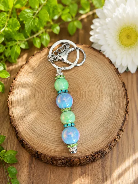Mint Green & Iridescent Blue Beaded Keychain
