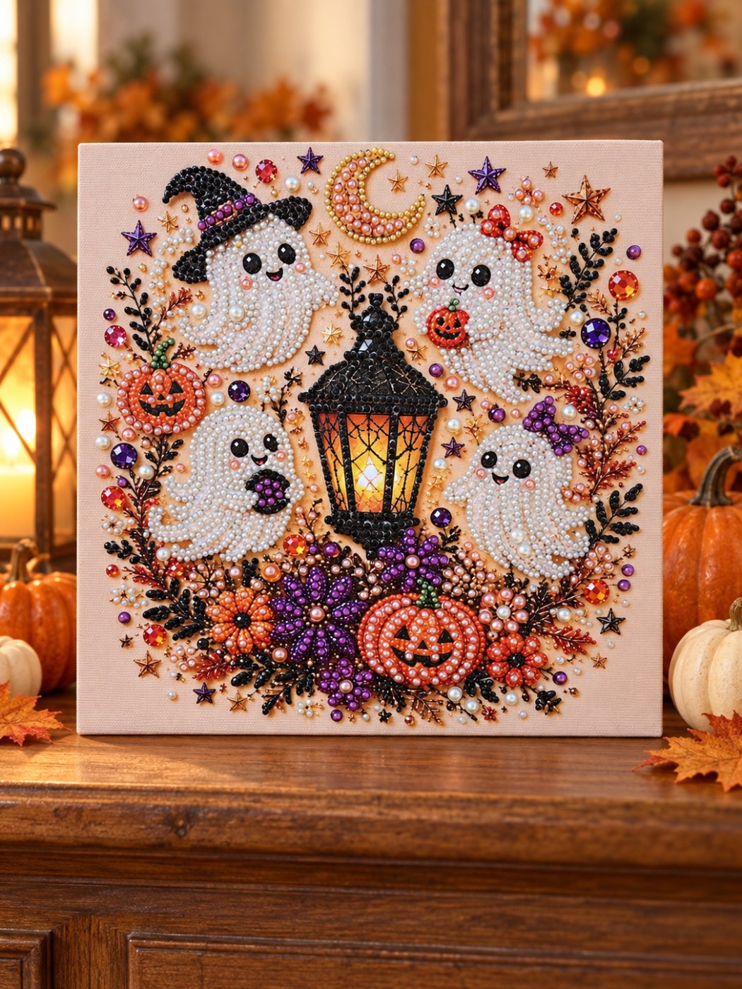 Cozy Ghosts Pearl-Art Halloween Canvas