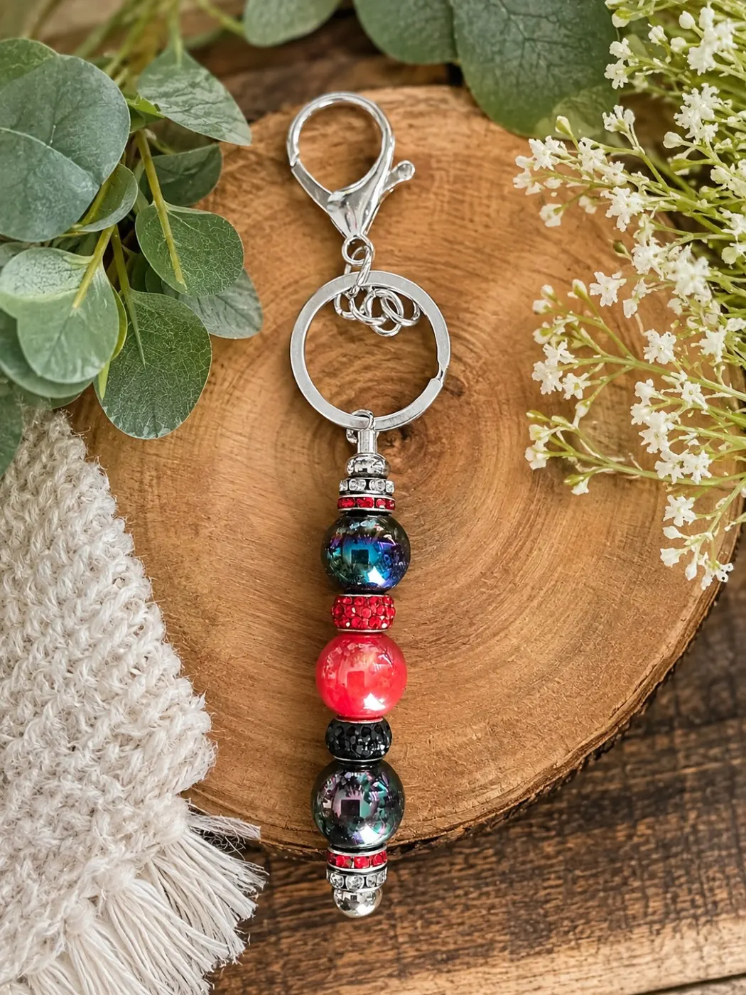 Red, Black & Iridescent Beaded Keychain