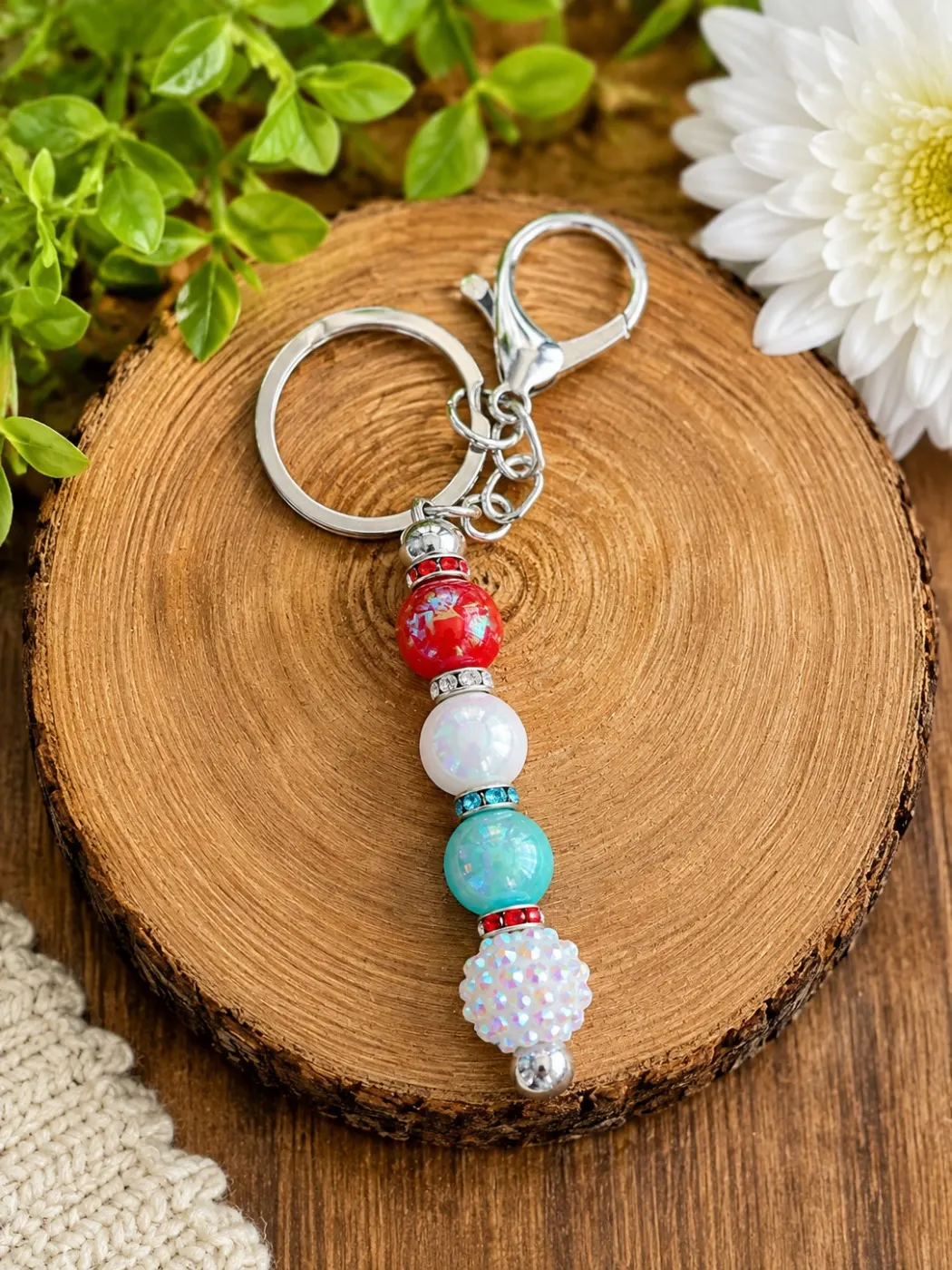 Red, White & Aqua Beaded Keychain