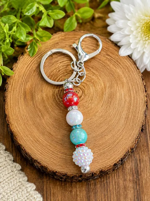 Red, White & Aqua Beaded Keychain