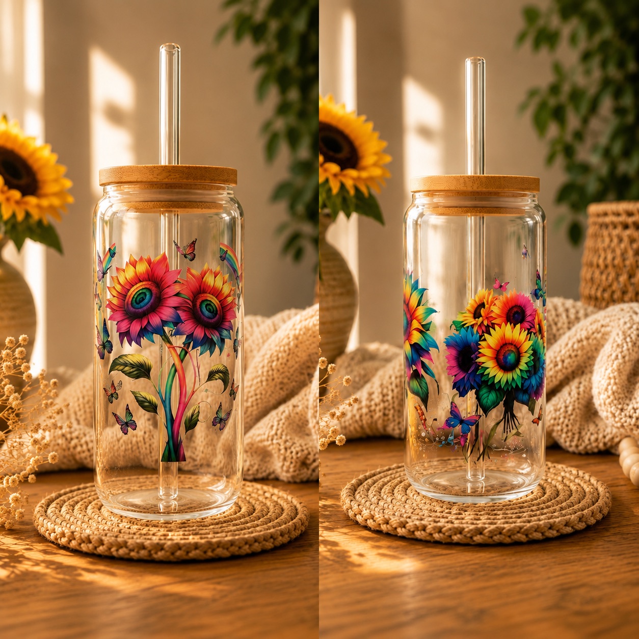 Colorful Sunflower & Butterfly Glass Tumbler