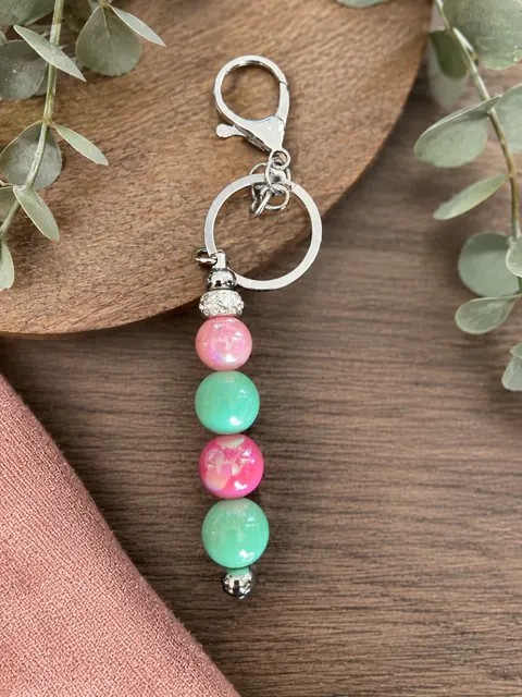 Mint & Pink Beaded Keychain