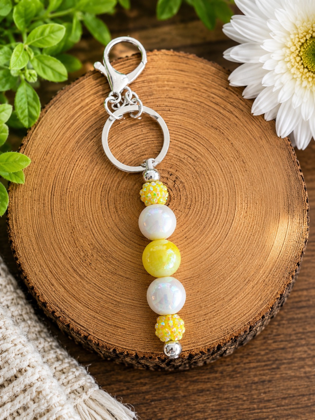 Yellow & White Beaded Keychain