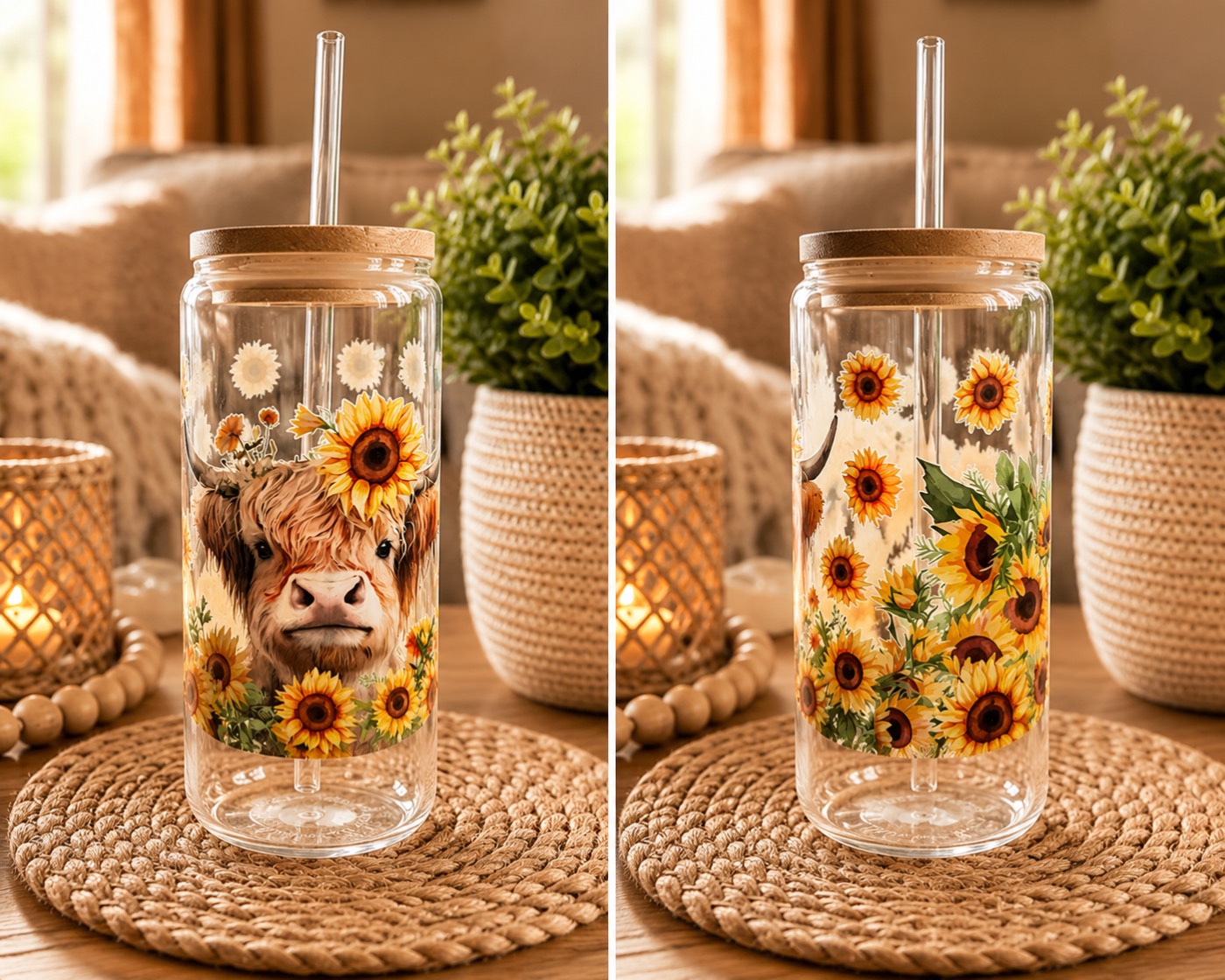 Highland Cow & Sunflower Glass Tumbler