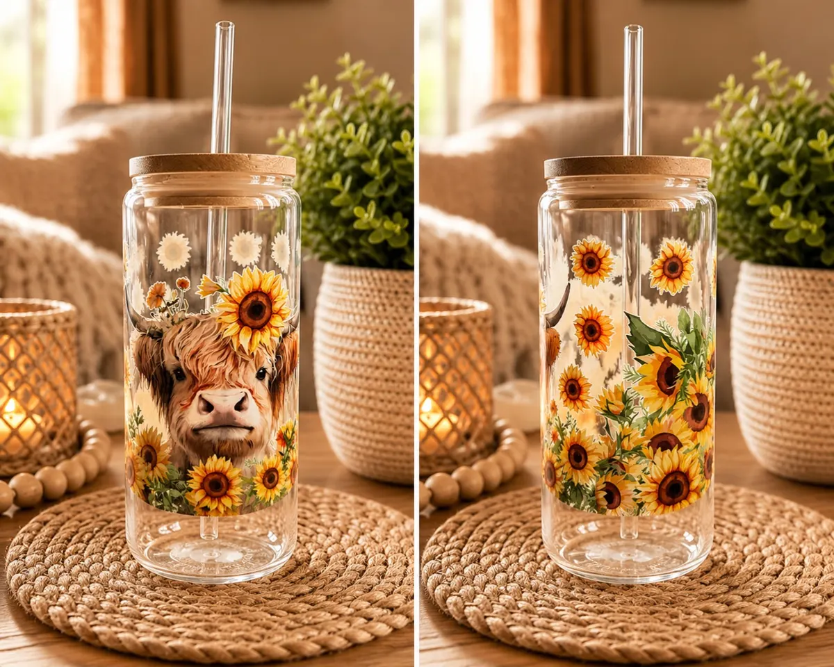 Highland Cow & Sunflower Glass Tumbler