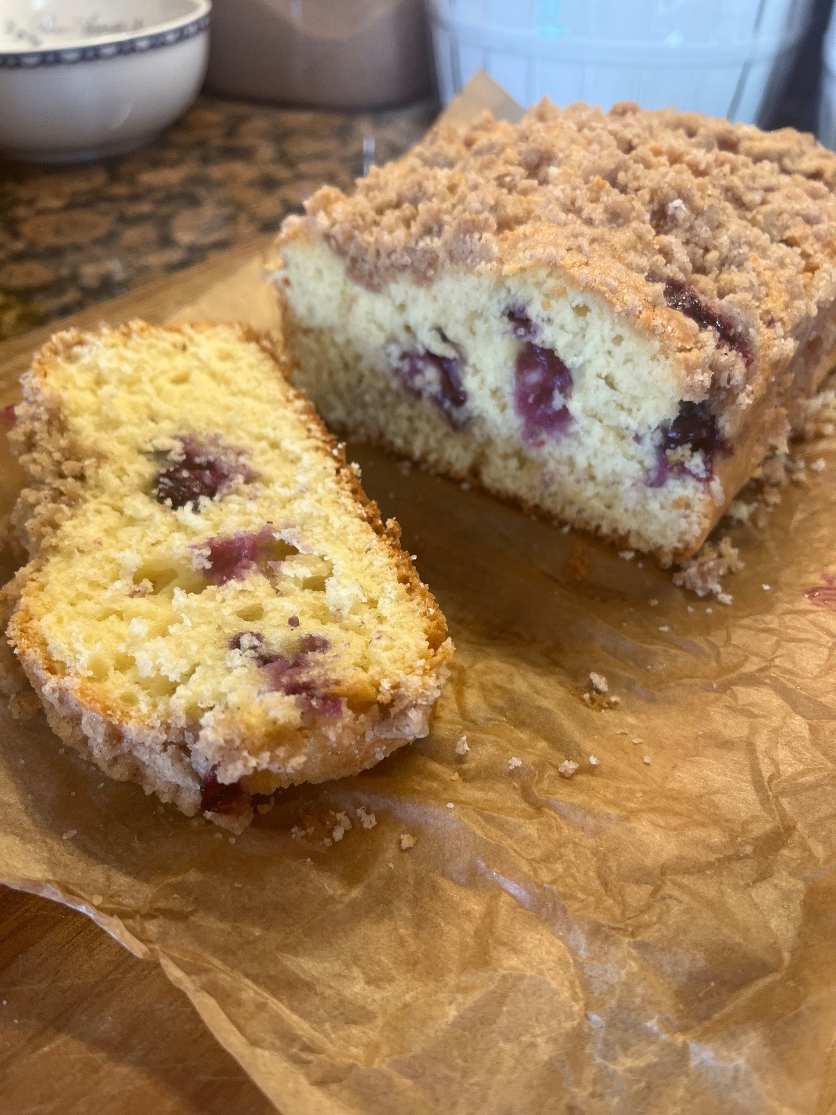 Blueberry crumble bread slice