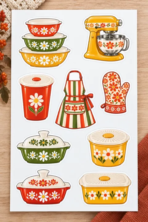 Retro Kitchen Sticker Sheet – Waterproof 4” x 7”