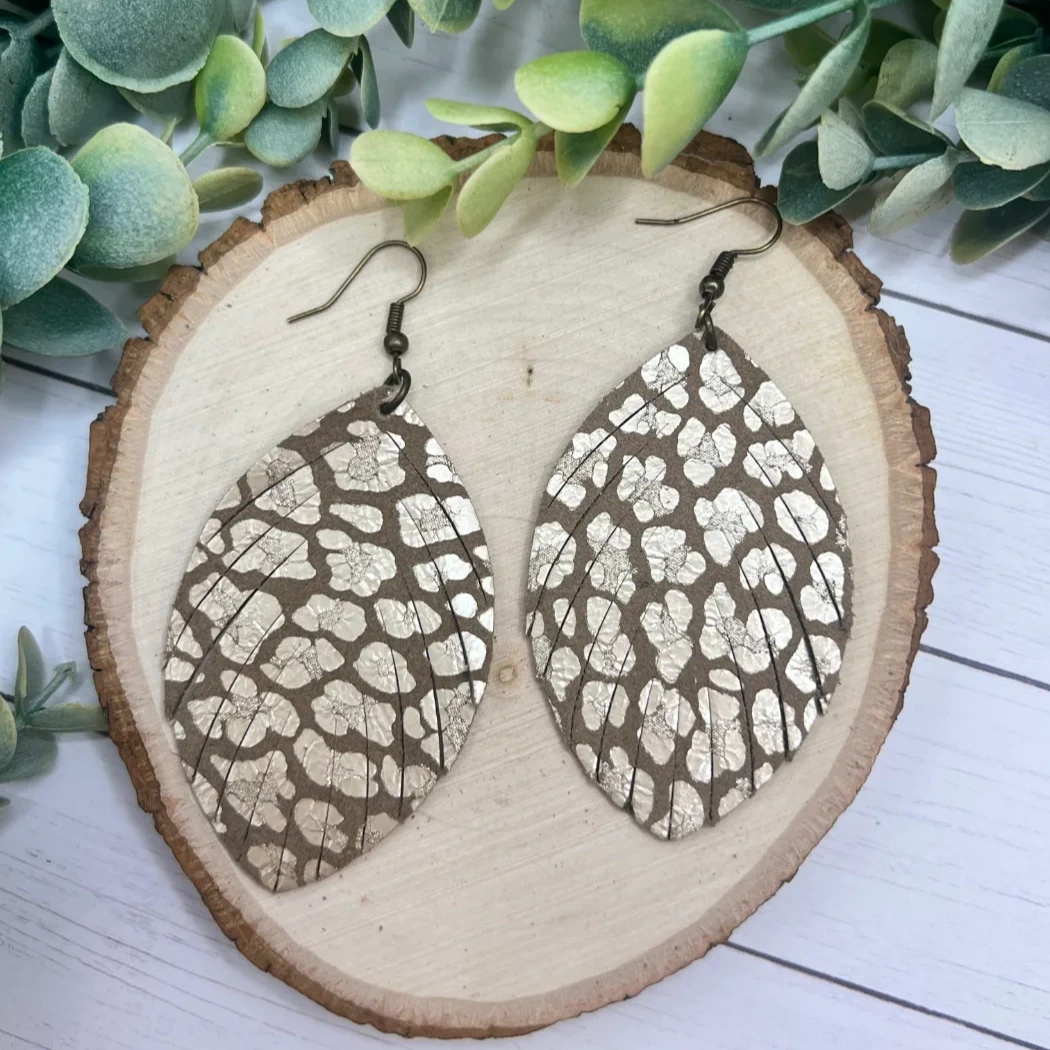 The Fringy Leaf - Champagne Gold Leopard Print Earrings