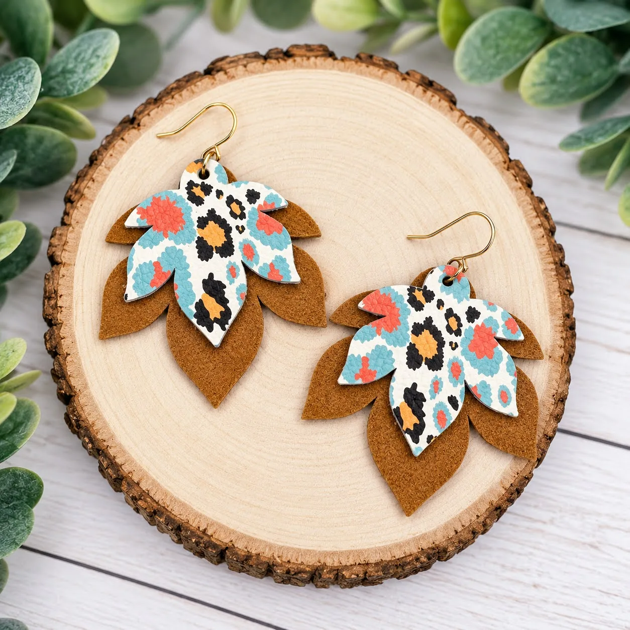 Wild Cheetah Double Layer Leaf Earrings