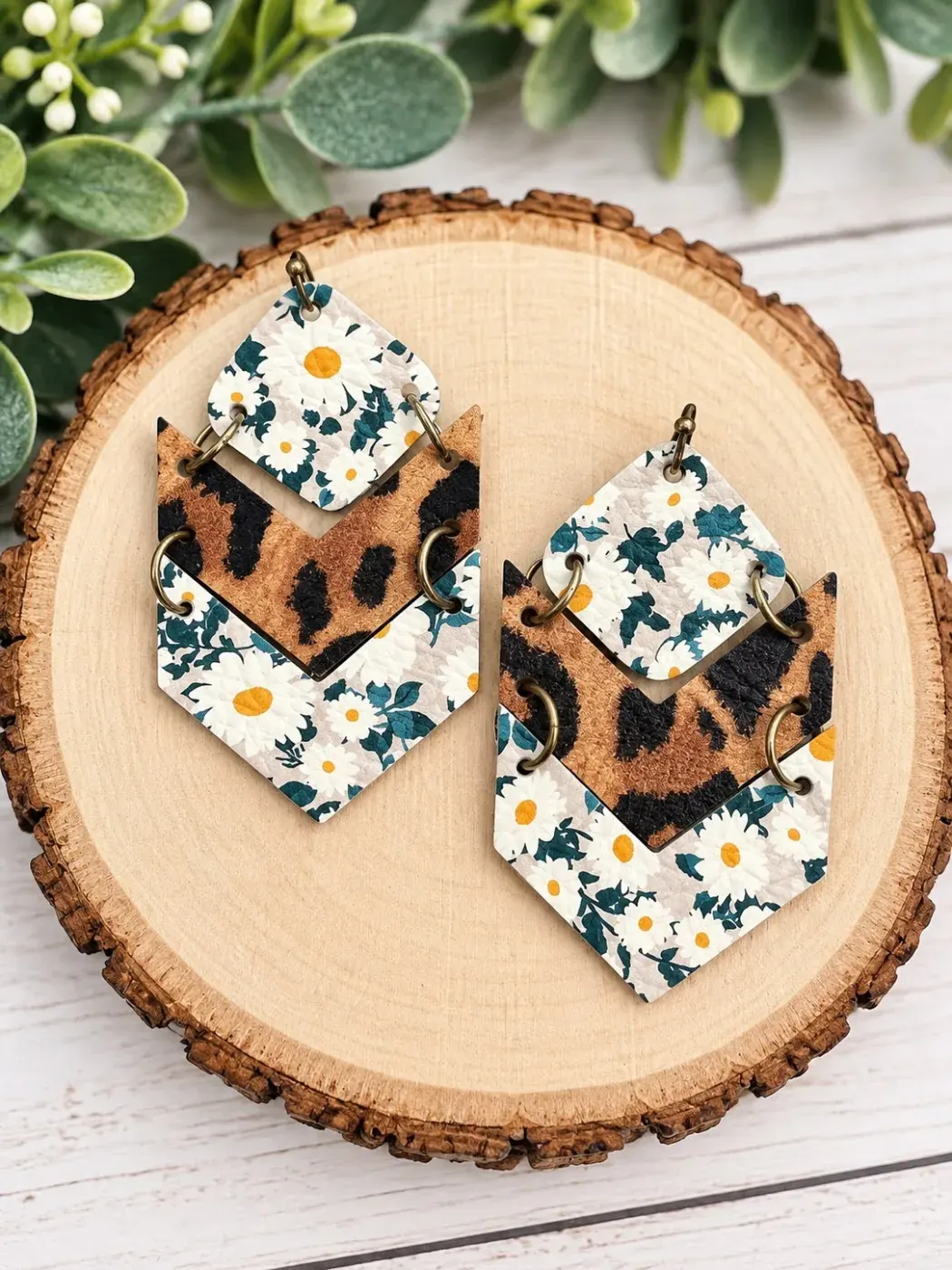 Floral + Leopard - Stacked Leather Earrings