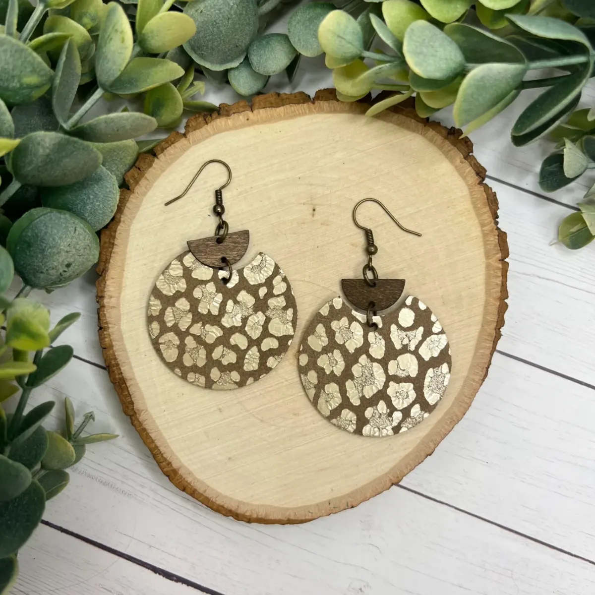 The Luna - Champagne Gold Leopard - Round Cut Leather Earrings