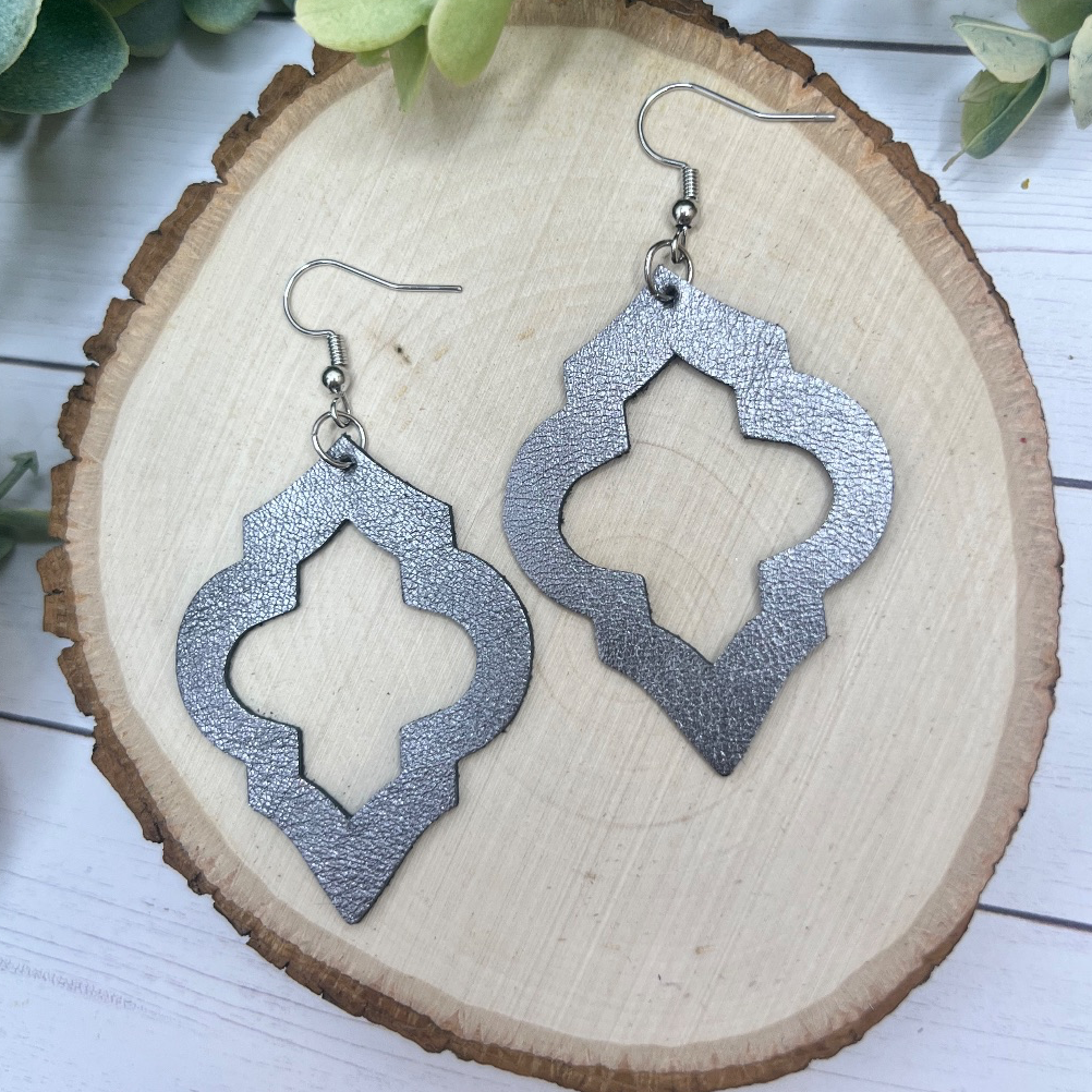 The Avery - Quatrefoil-Inspired, Silhouette, Leather Earrings - Gunmetal Silver