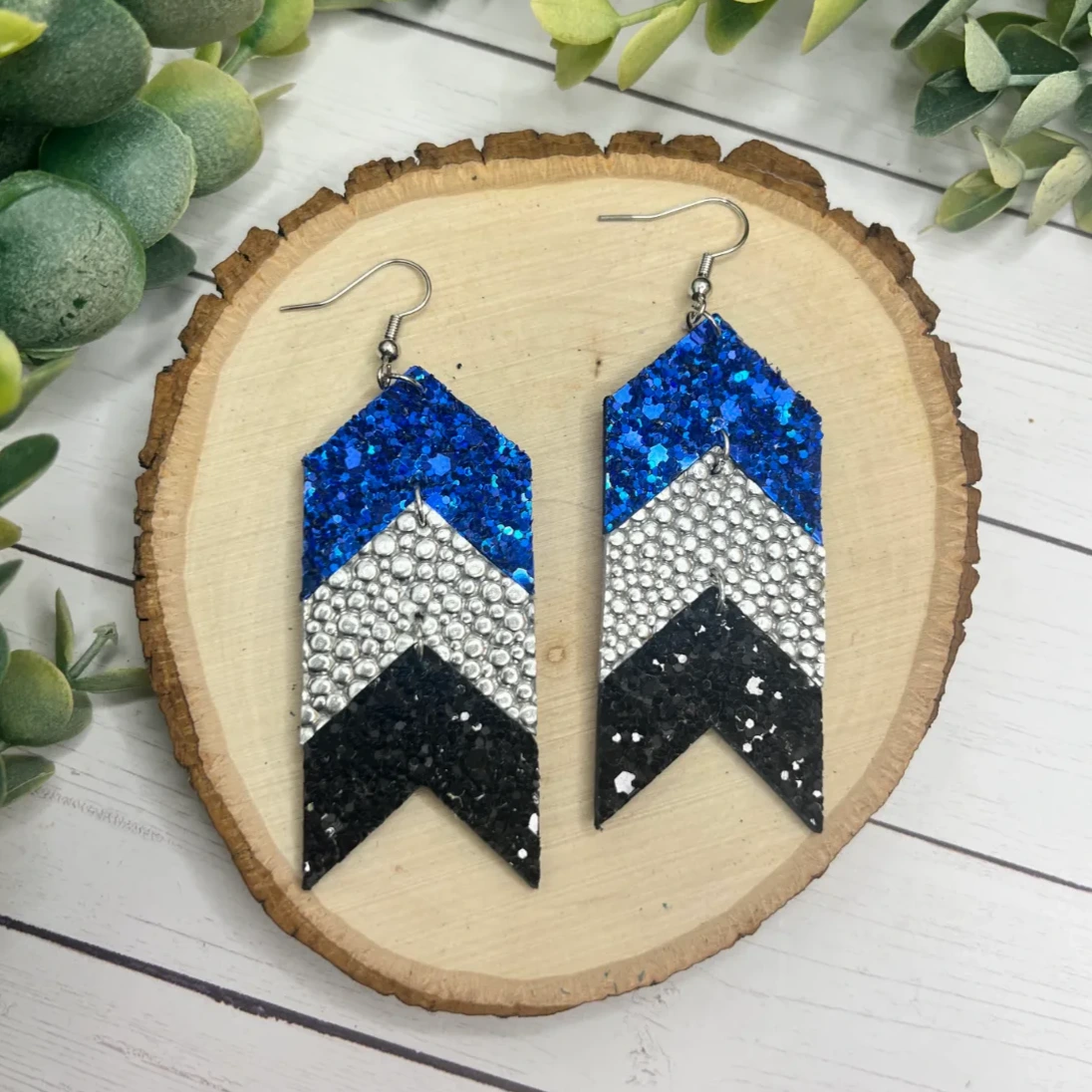 Stacked Chevron - Game Day BLUE + SILVER + BLACK Earrings