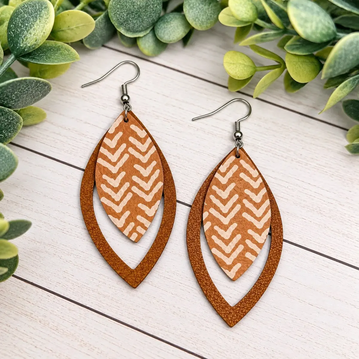 Caramel Brown + Cream - Open Layered Earrings