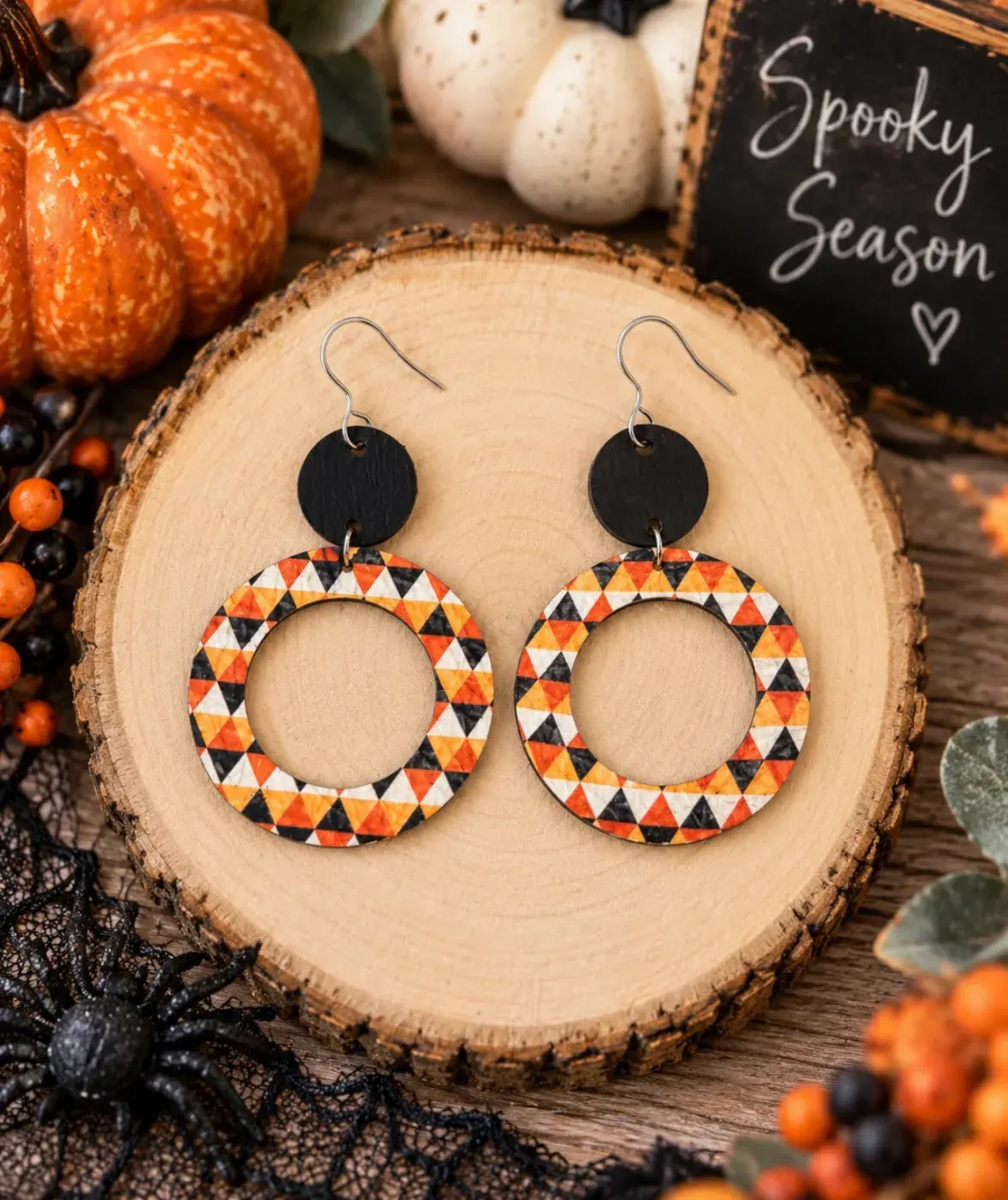 Autumn/Halloween Tiny Triangle Print, Open Circle Earrings