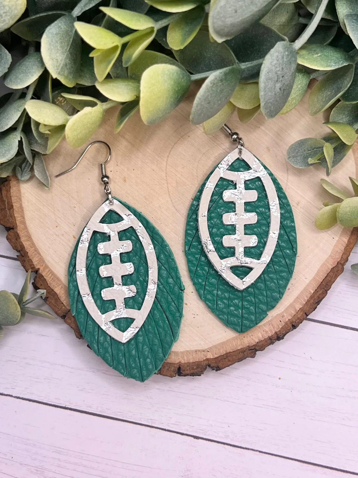Football - Fringe Cut - Double Layer Earrings - GREEN + WHITE