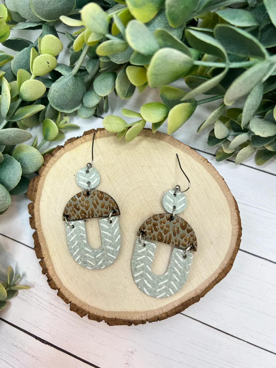 Light Sage Leather + Hand-Painted Wood Earrings