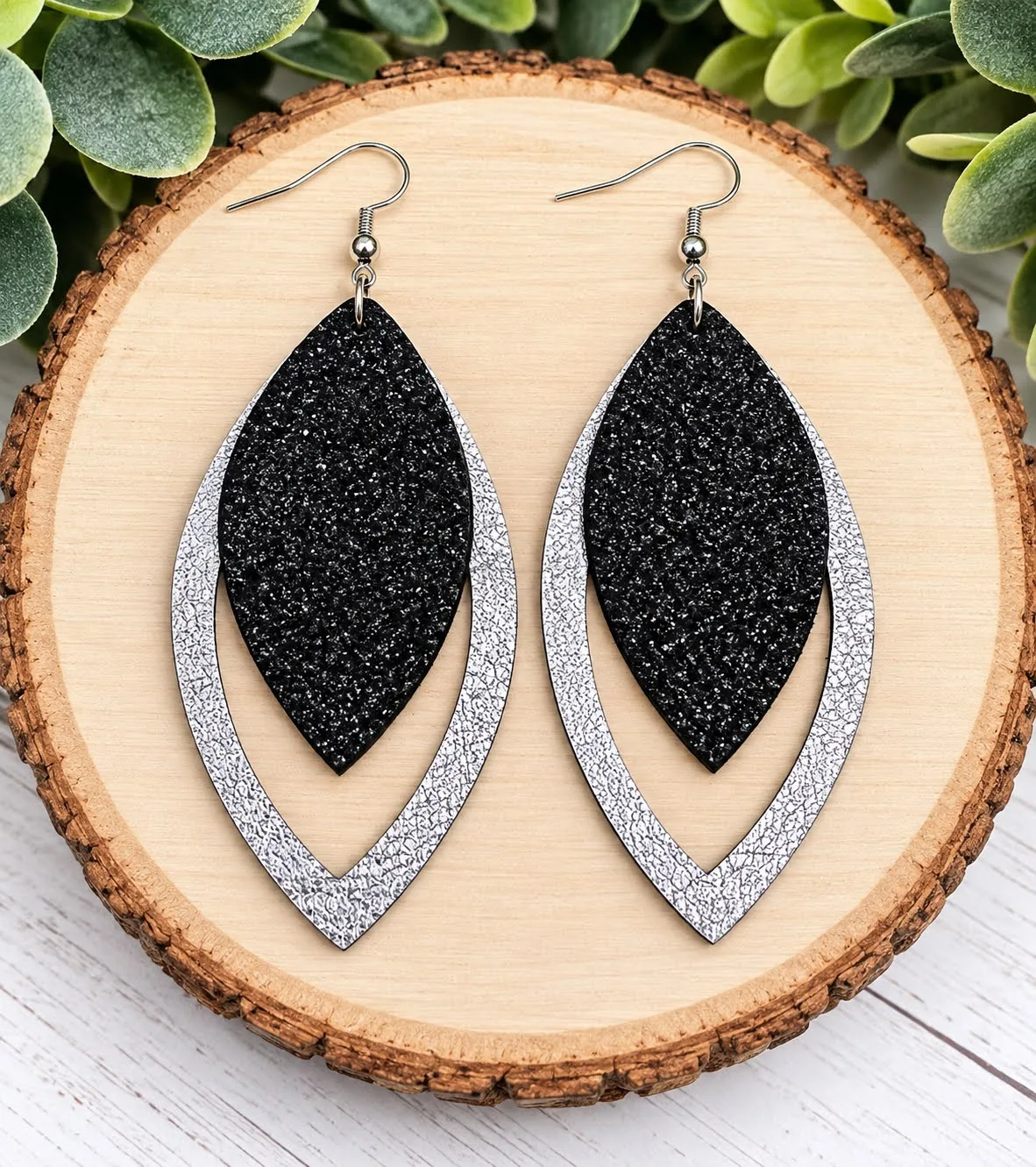 Metallic Silver & Shimmer Black Layered Earrings