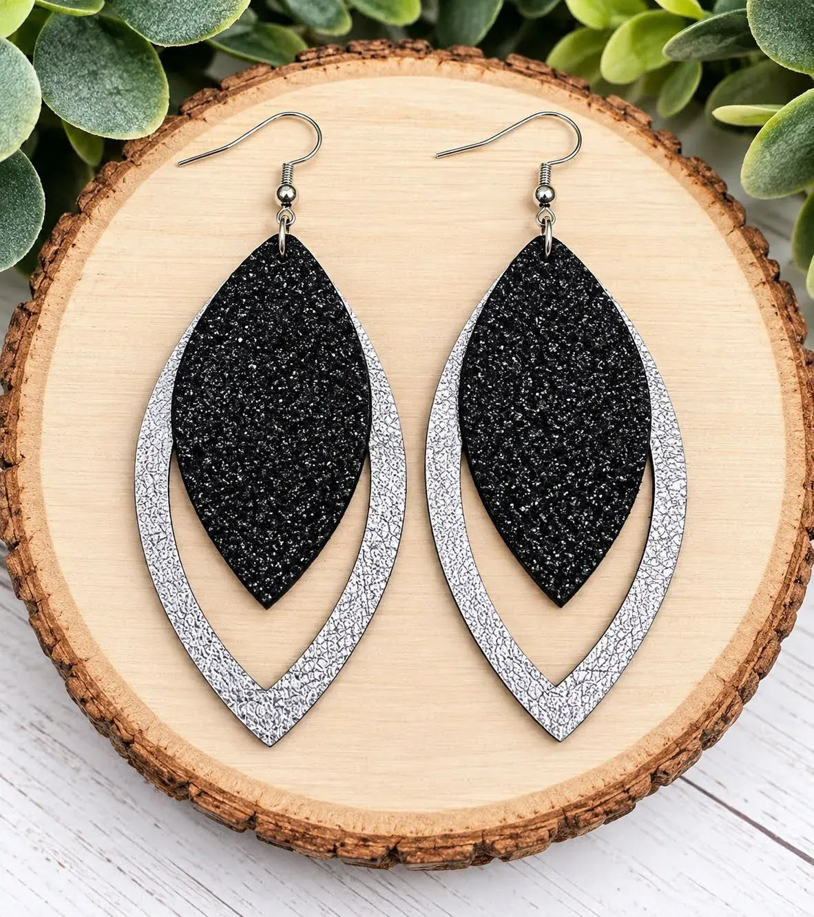 Metallic Silver & Shimmer Black Layered Earrings
