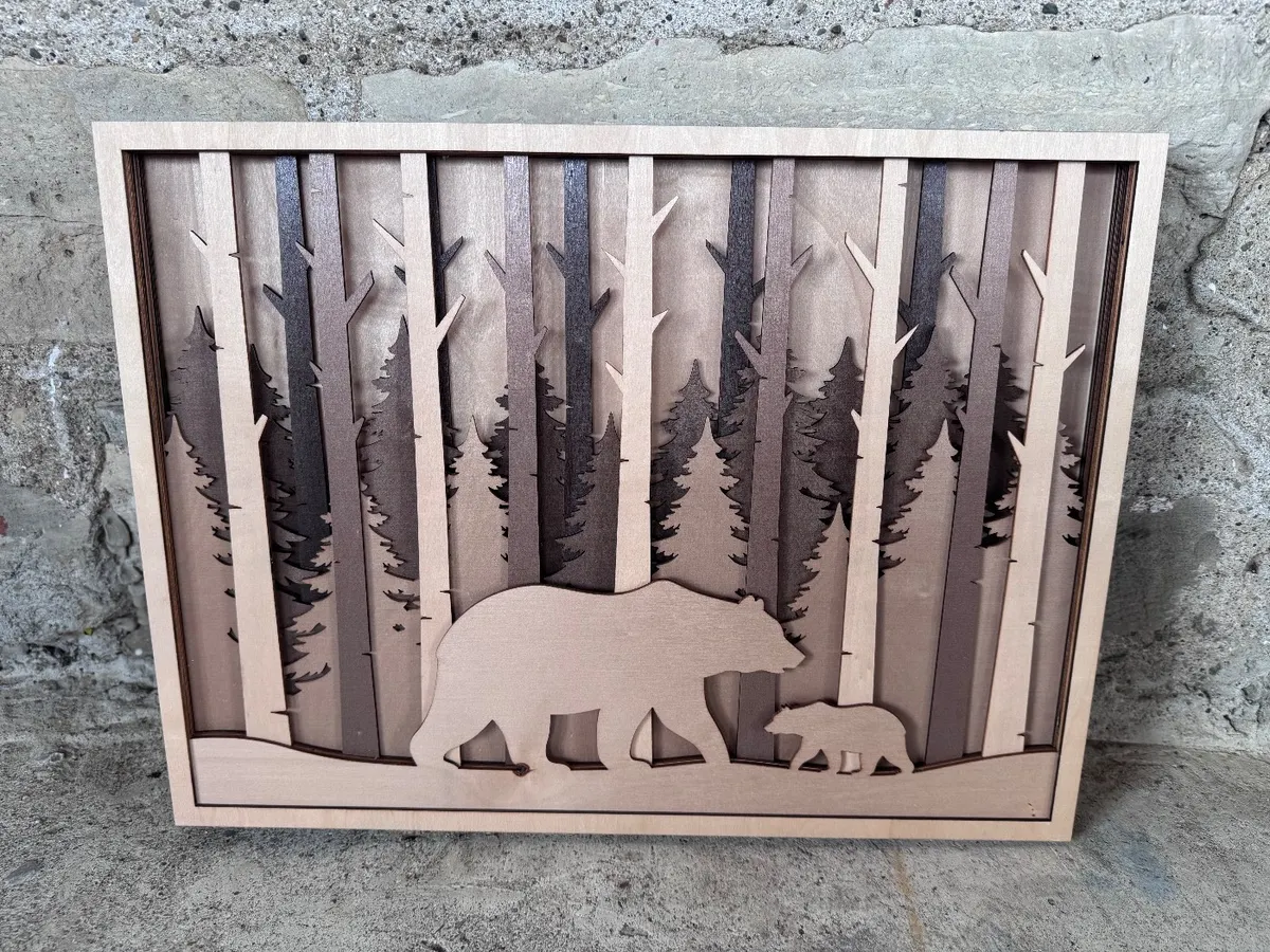 Bears Tall Trees 3D Layered Wood Decor