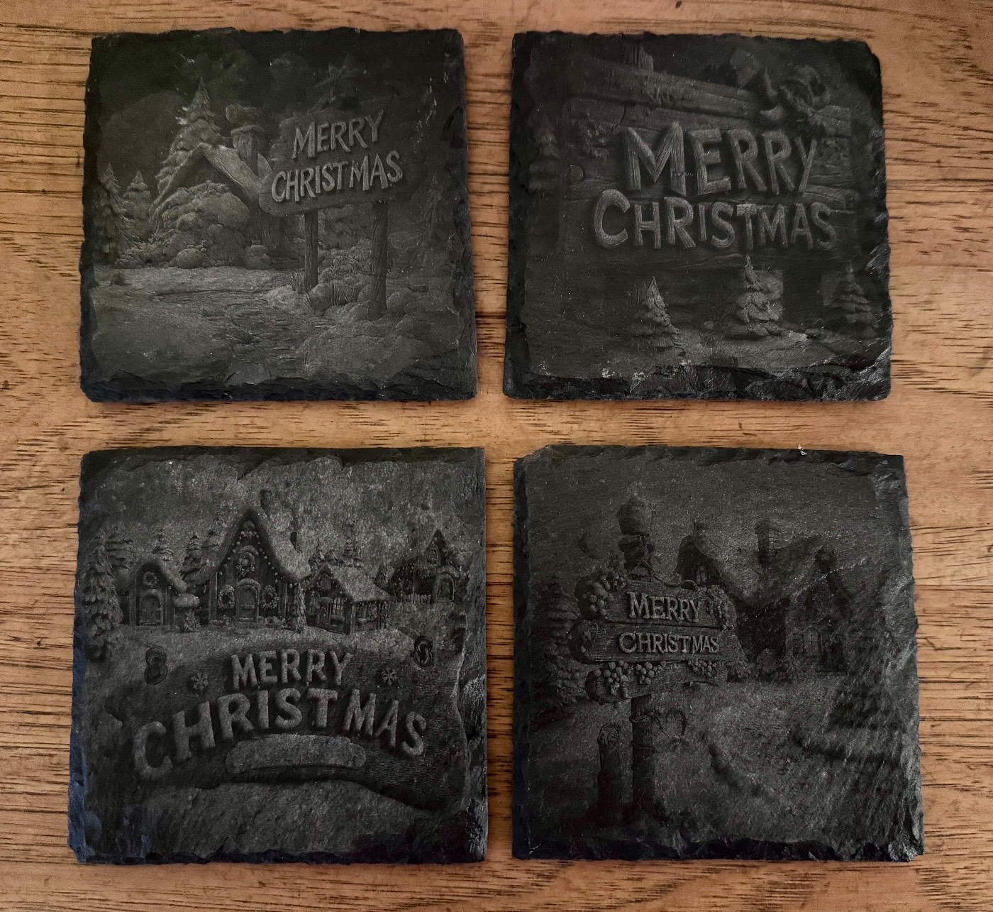 Merry Christmas Laser Engraved Slate Coaster Set