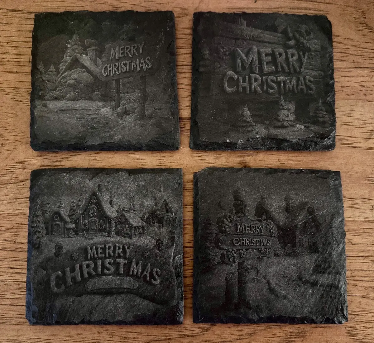 Merry Christmas Laser Engraved Slate Coaster Set