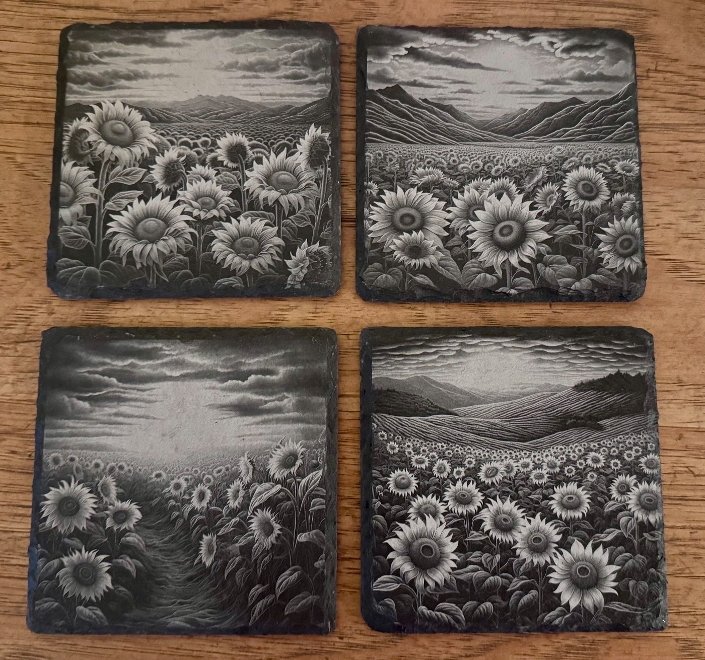 Sunflower Fields Laser Engraved Slate Coaster Set