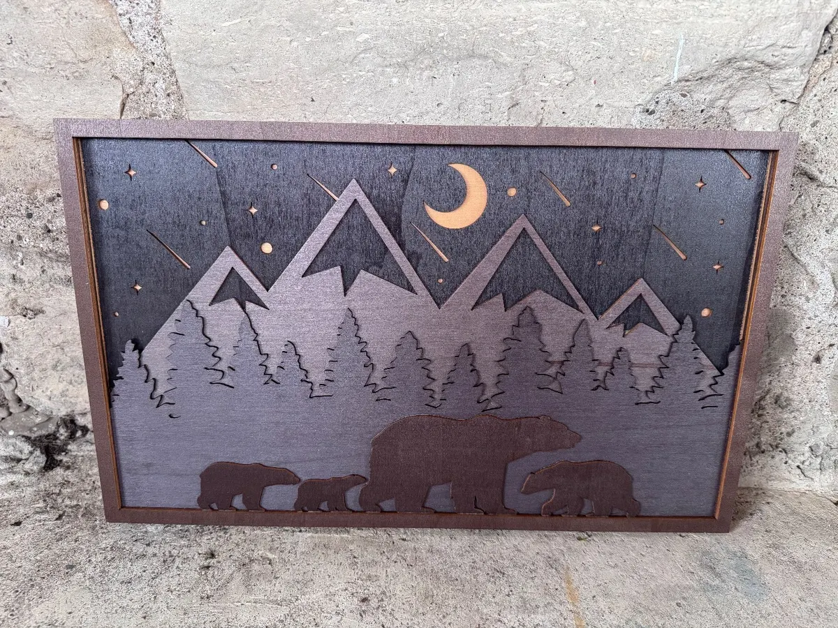 Bears Night Moon Mountains 3D Layered Wood Decor