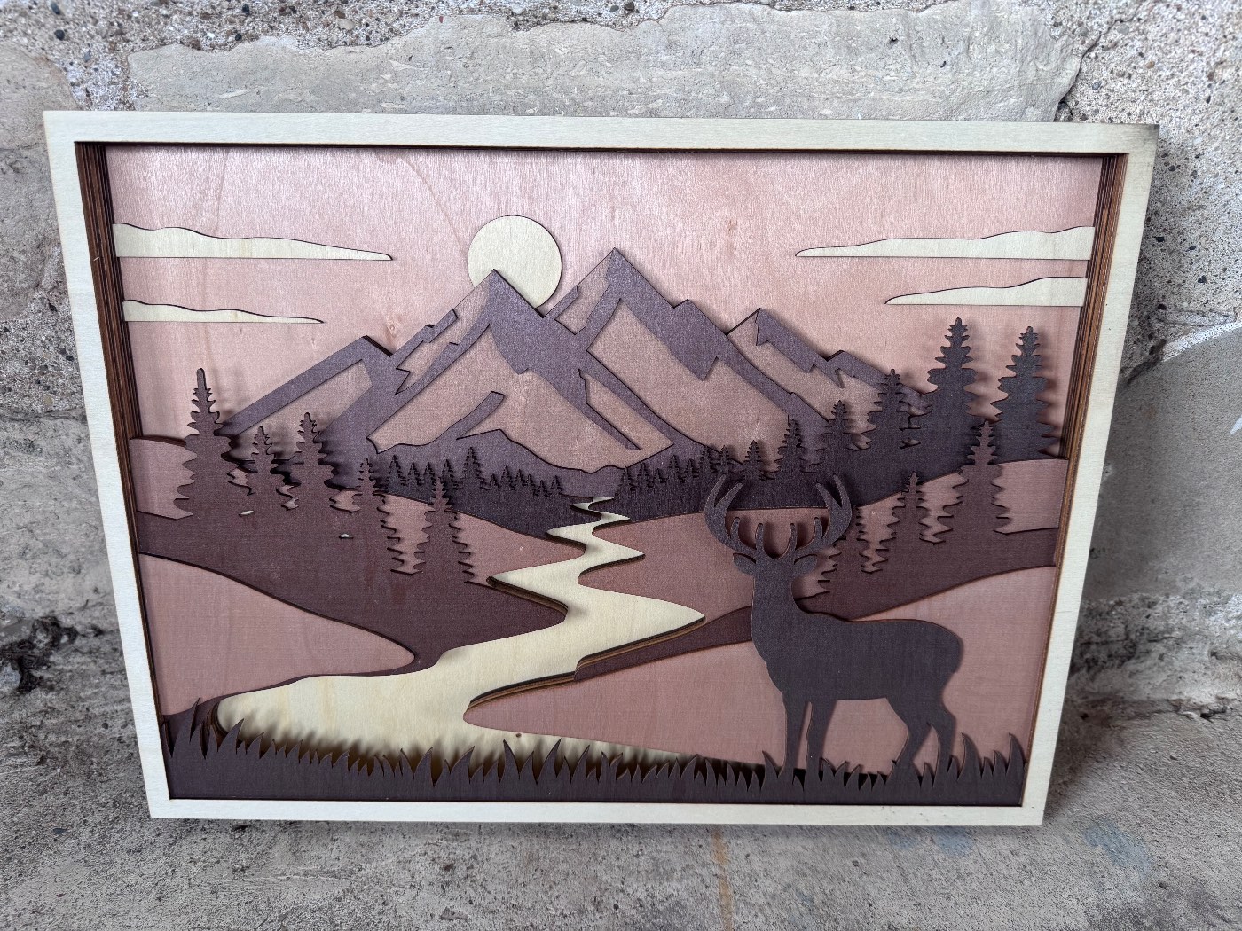 Deer Mountain Stream 3D Layered Wood Decor