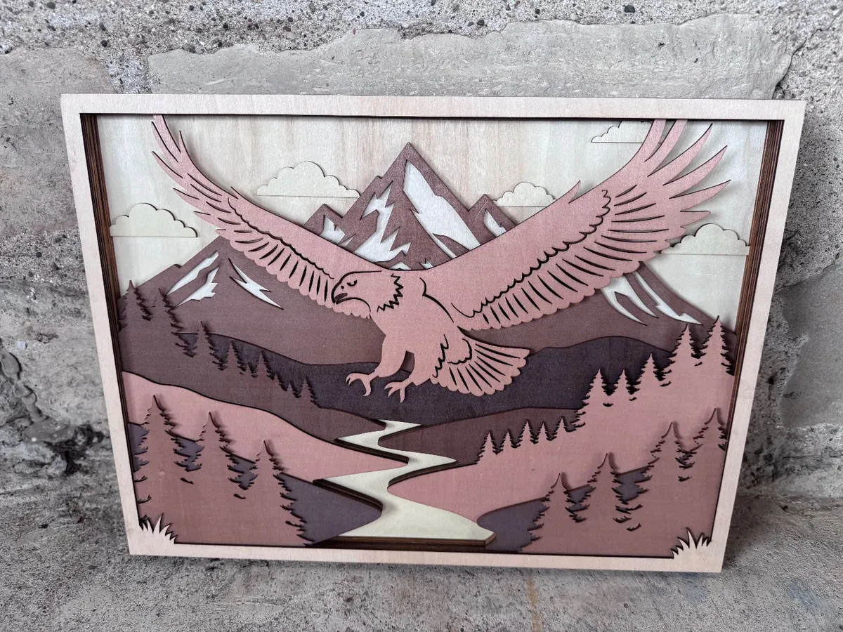 Eagle Over Mountains 3D Layered Wood Decor