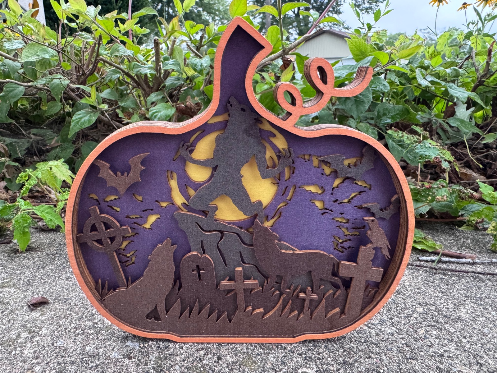 Pumpkin Wolf Layered Wood Decor