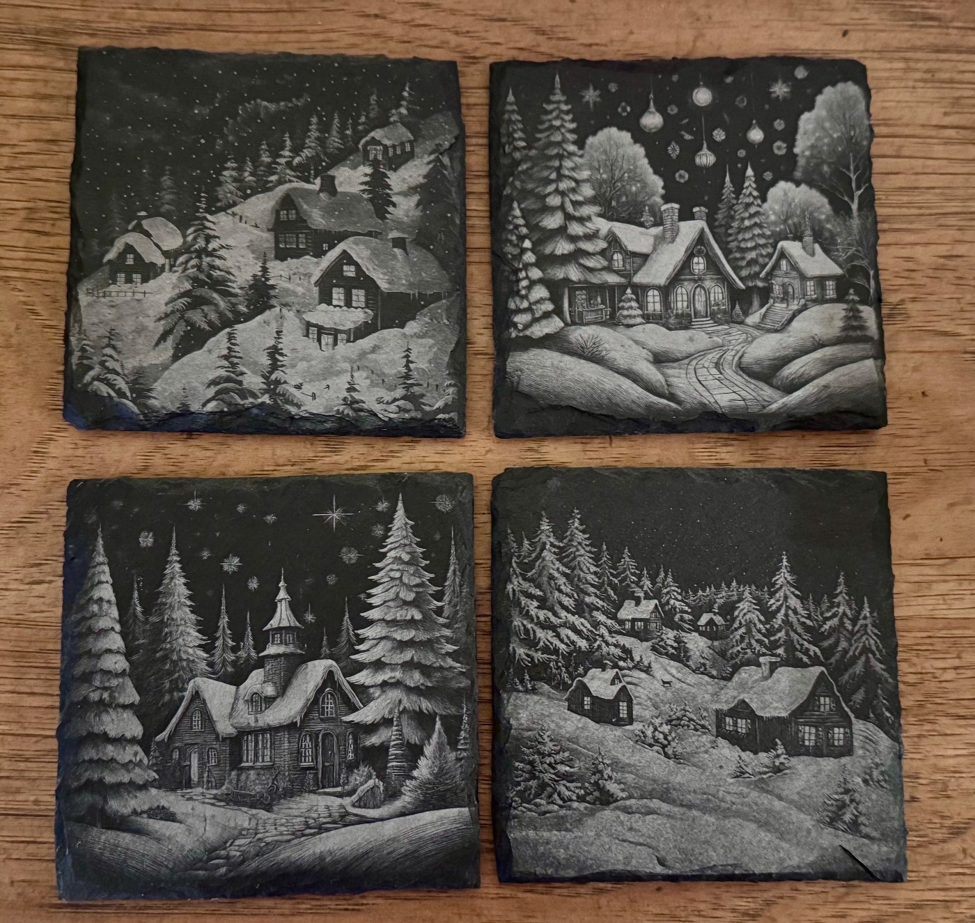Winter Cabins Laser Engraved Coaster Set