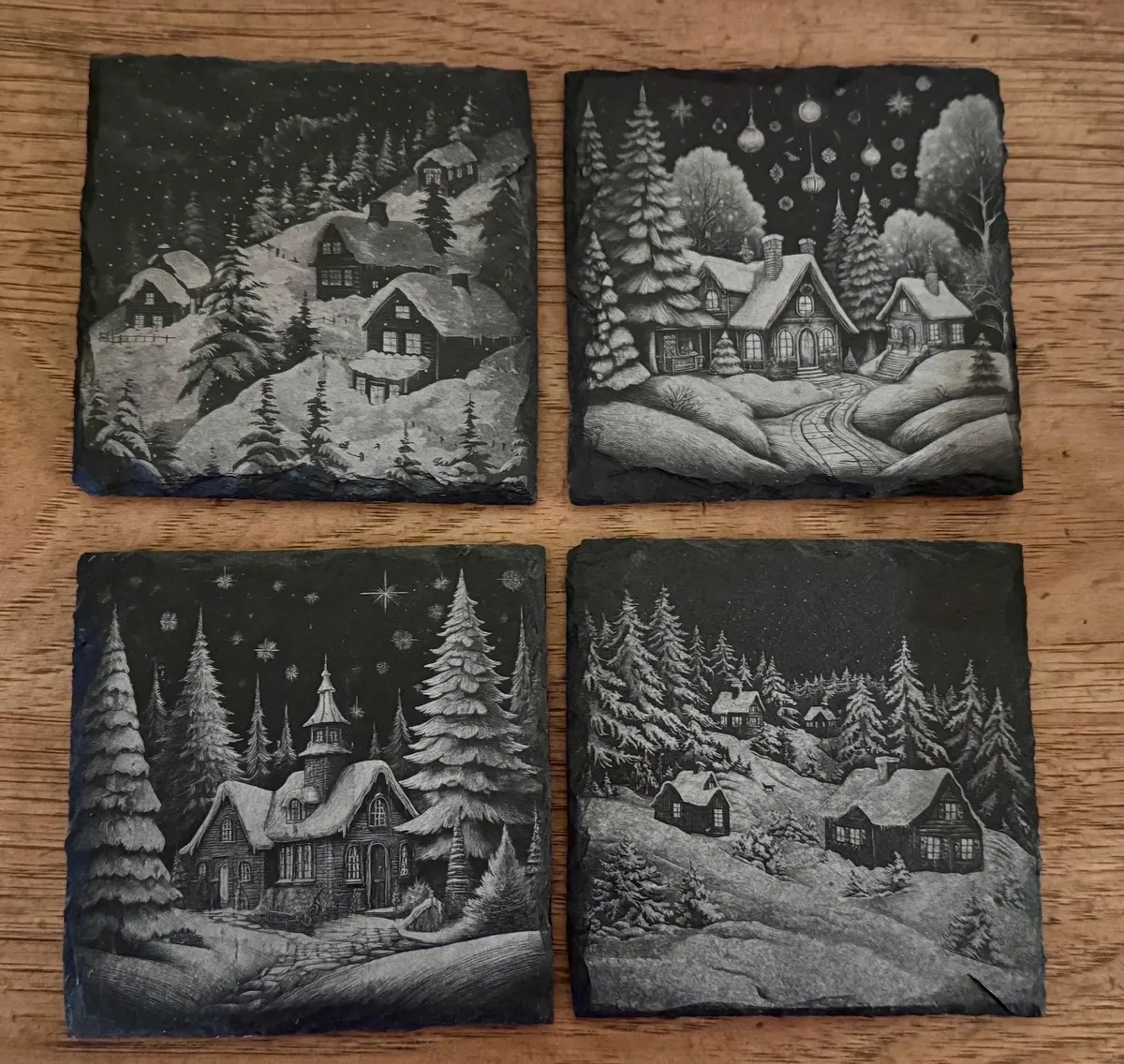 Winter Cabins Laser Engraved Coaster Set