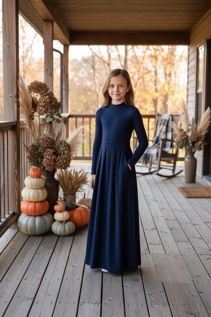GIRLS LONG SLEEVE MAXI DRESS WITH POCKETS