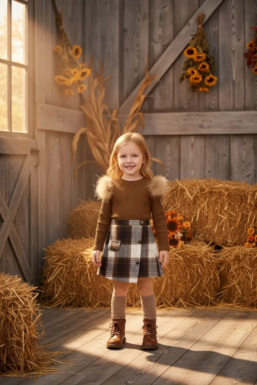 TODDLER GIRLS 2pc OUTFIT - LONG SLEEVE SHIRT WITH FUR AND A PLAID SKIRT