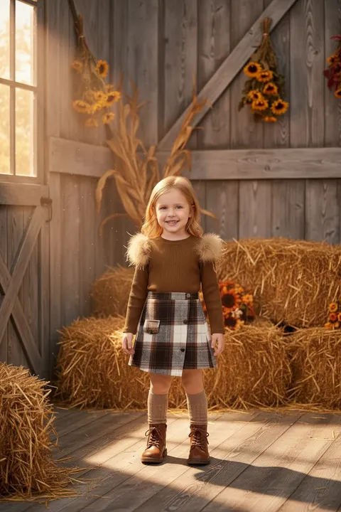 TODDLER GIRLS 2pc OUTFIT - LONG SLEEVE SHIRT WITH FUR AND A PLAID SKIRT