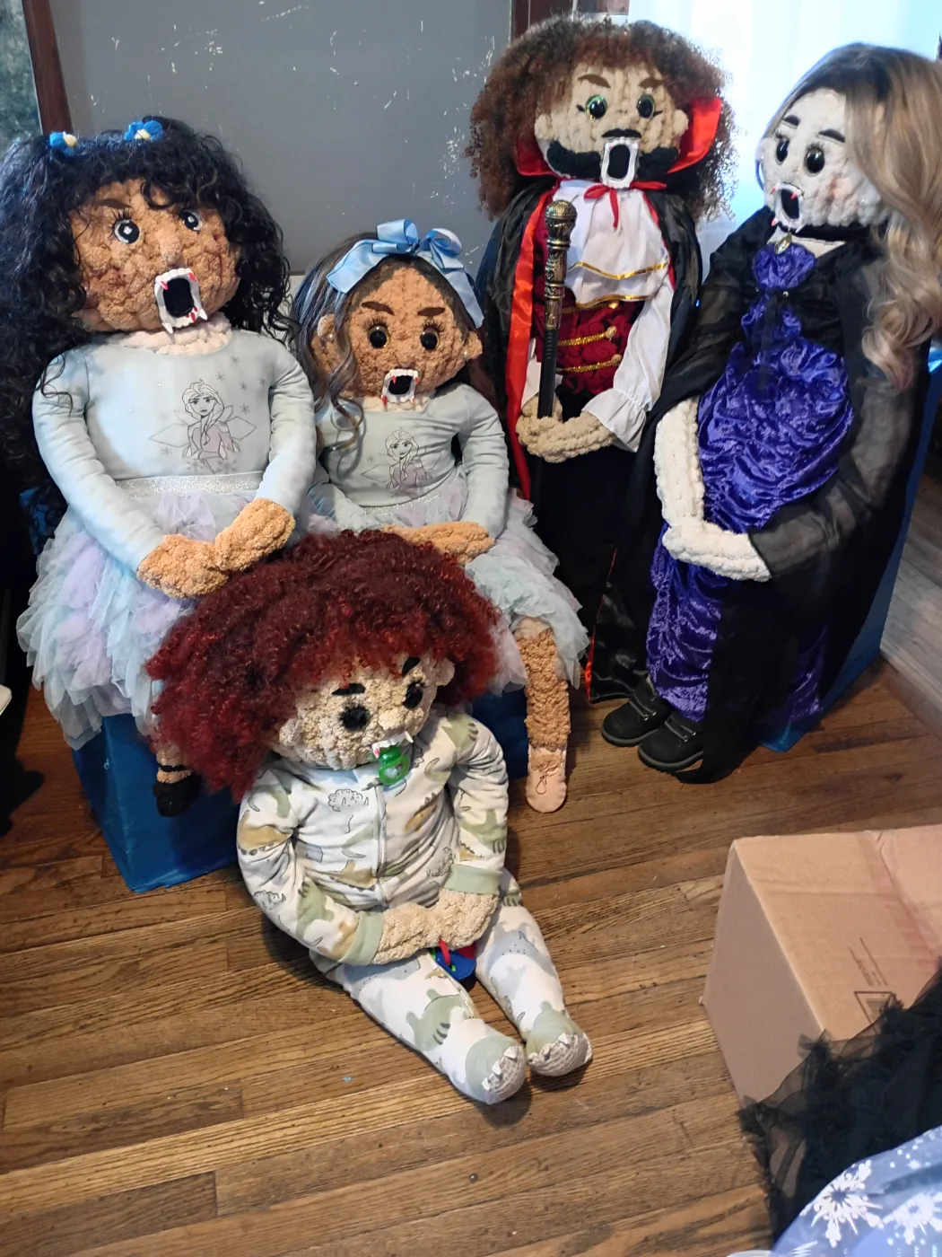 "Vampire Family handmade finger-knit dolls."