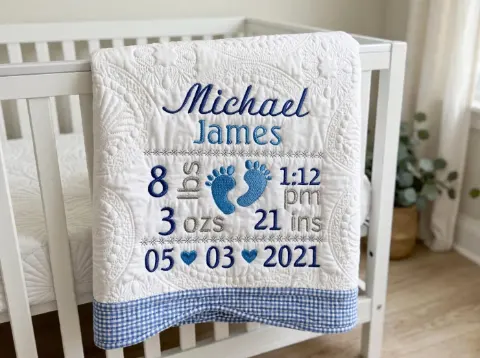 Personalized Baby Blanket | Blue Gingham Heirloom Quilt 36x46 | Custom Birth Stats Blanket | Embroidered Name Keepsake