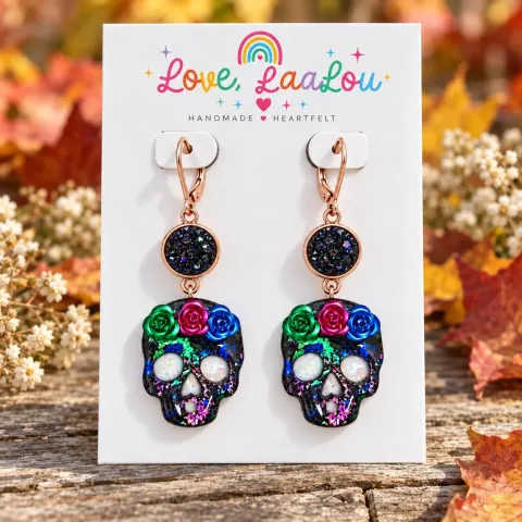 Handmade Black Resin Sugar Skull Earrings